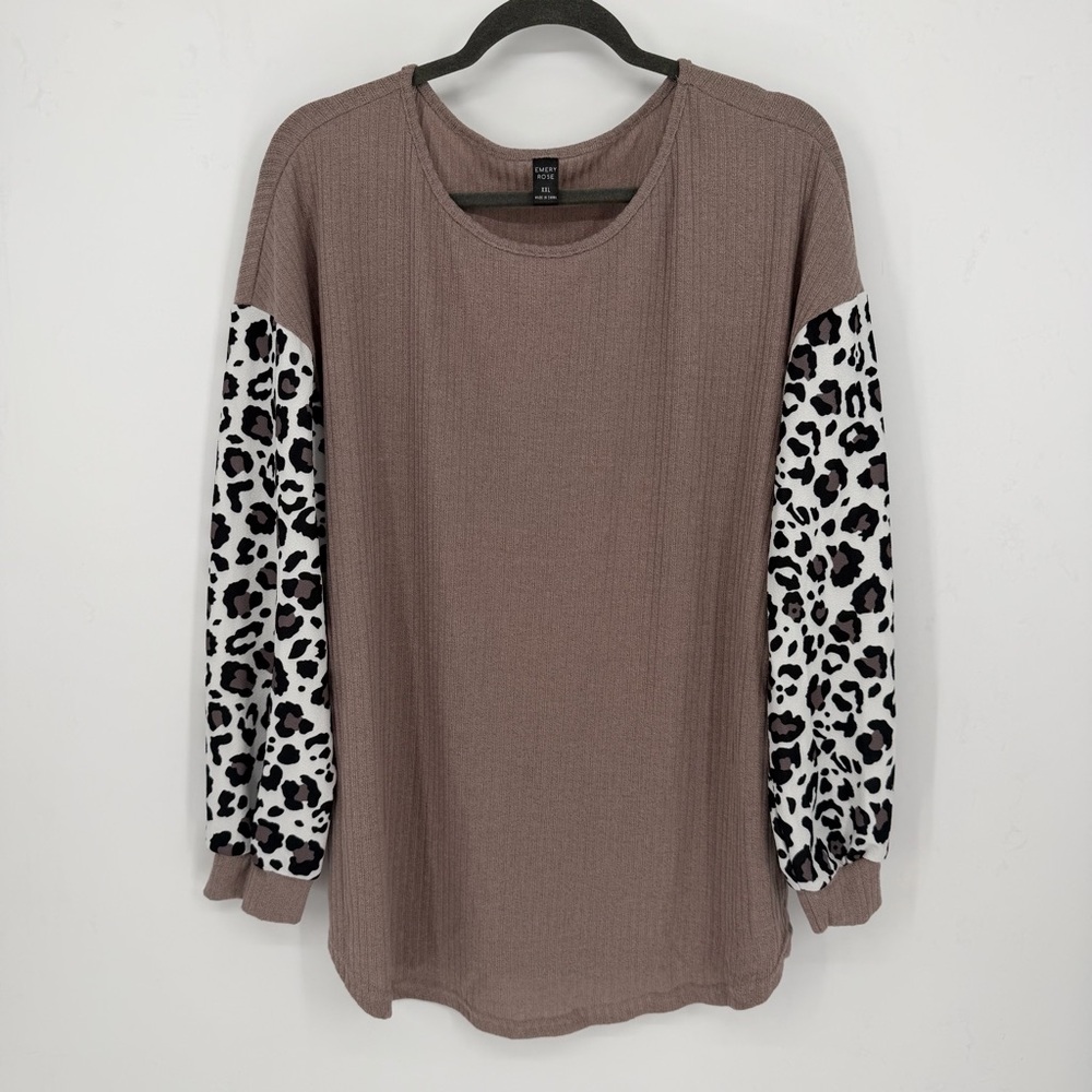 Ribbed Leopard Print Chiffon Sleeve Blouse